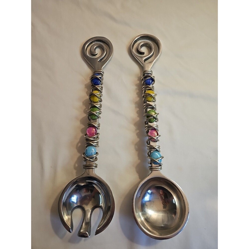 Dary Rees Salad Servers Vintage 1990s Pewter & Colorful Stones